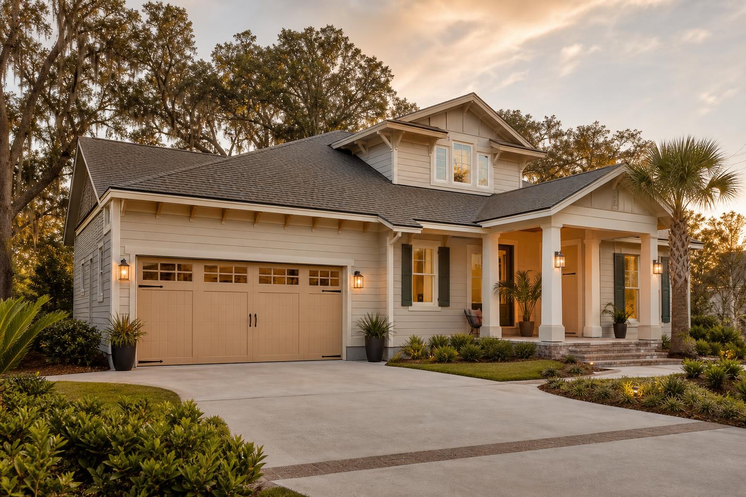 Pooler, GA home with a beige carriage-style garage door at golden hour